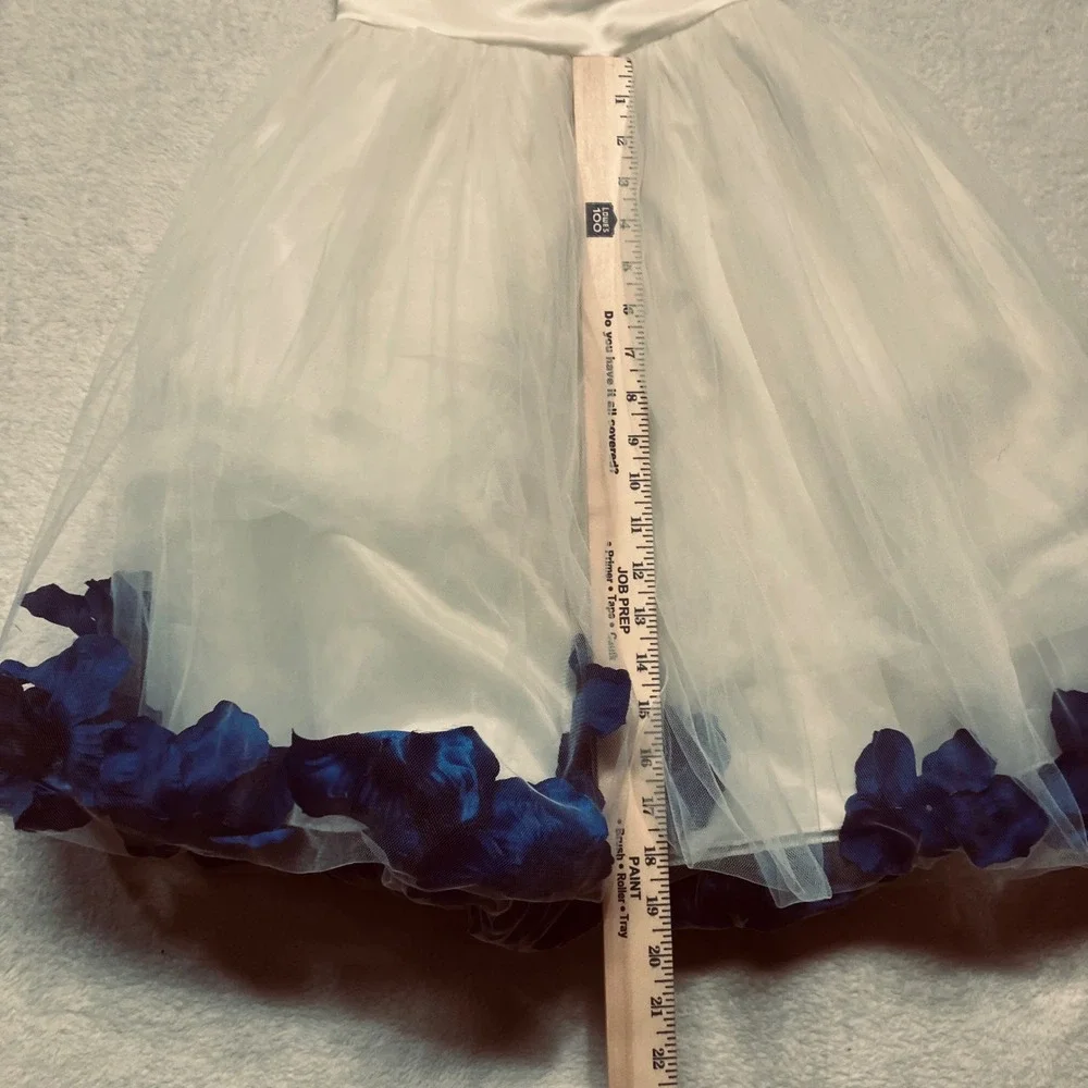 Girls White Satin Tulle Dress SZ 4 Blue Petals Sleeveless Zip Flower Girl Party - Picture 7 of 11